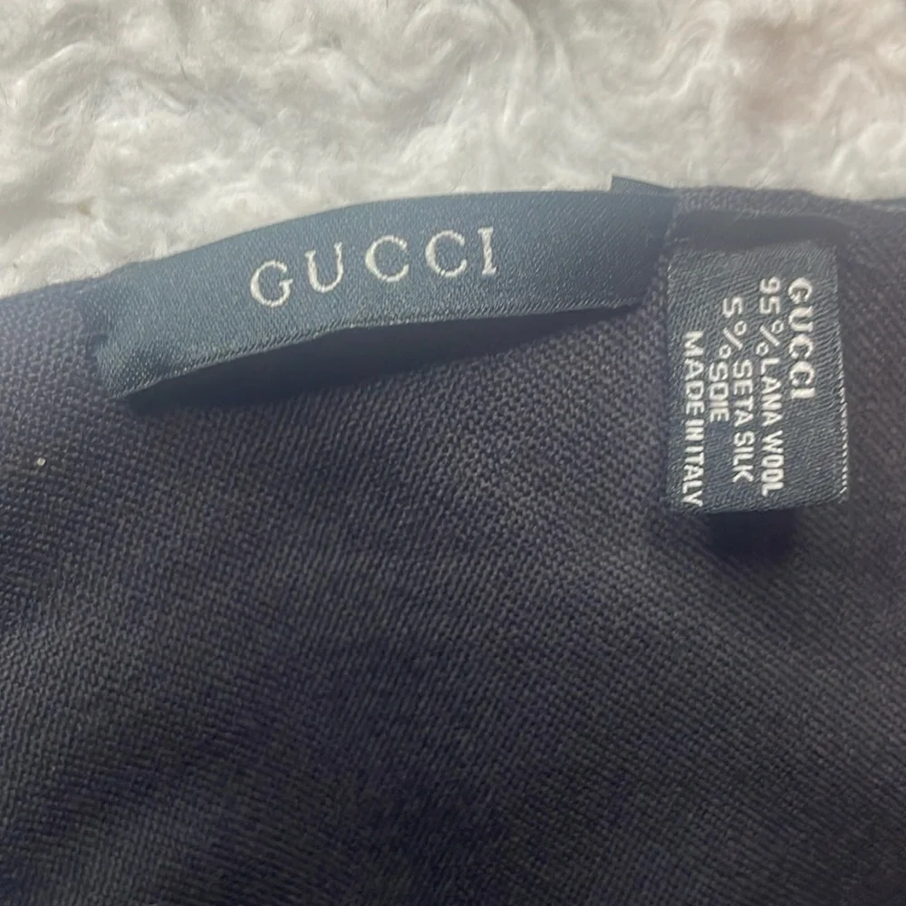 Gucci G Logo Wool Silk Unisex Scarf with Fringe in Black Gray Colorblock Stripe